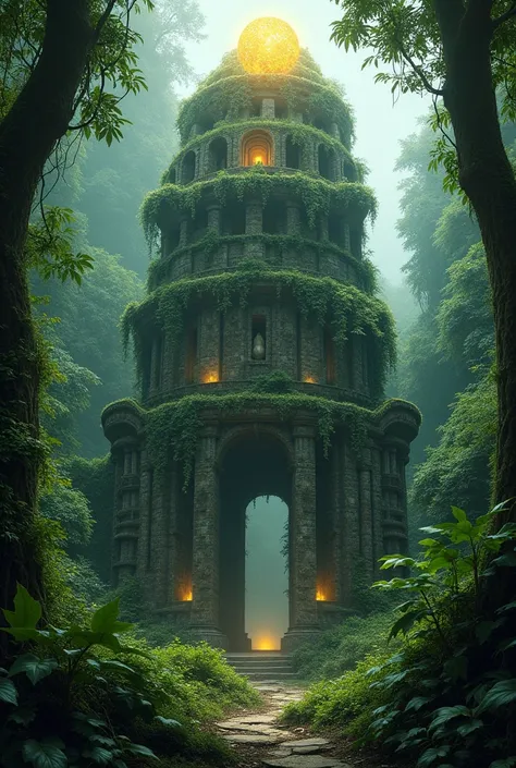 Ancient architecture in the jungle, covered with moss and vines, the nucleus at the top glows bewitchingly,