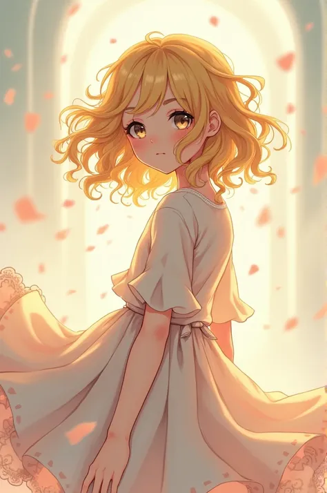 anime boy with blonde curly hair in a skirt