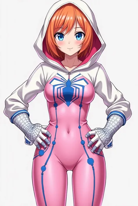 Yotsuba nakano orange hair and blue eyes with pink spider gwen suit, white, negro y capucha blanca con Interior rosa y guantes con white y rosa con bordado de telaraña azul y máscara blanca 