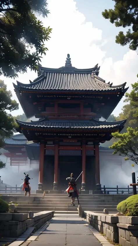 Samurai practicing sword fighting in front of the temple