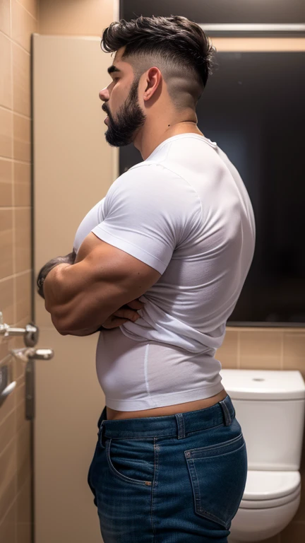 from above view, school boy front opened shirt head tulted back, black haired indian high school boy muscular standing in toilet...