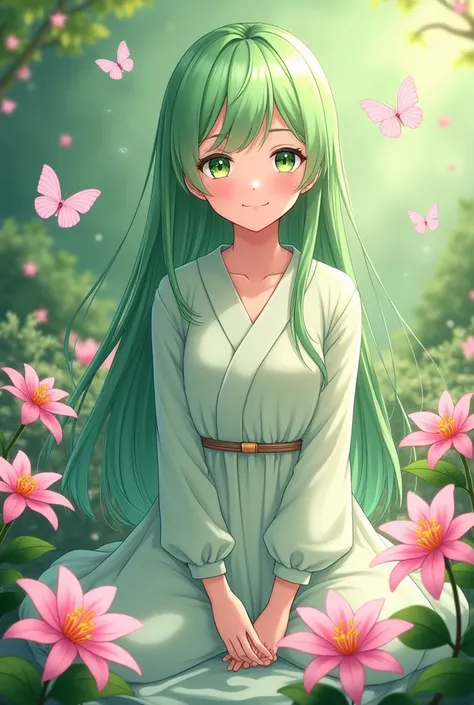 INFP 9w1 woman, beautiful and lovely appearance, long green hair, green eyes, Japanese anime look, cute and relax, neat, smile, wearing long loose beautiful dress. She is in the garden with pink lilies and butterflies.