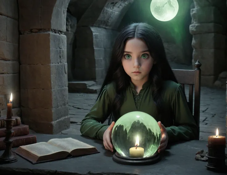 Severus snapes daughter, black hair and green eyes, long hair ,Solo, 11 yo girl,(a girl, Nostradamus),(crystal ball:1.2),(mysterious candle-lit cave),(nighttime),(prediction),(secrets),(magic),(atmospheric lighting),(intrigue)
