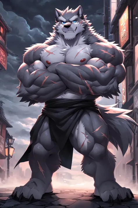 (sfw:1.5), male focus, (hunter, swordsman:1.3), Handsome 1boy, solitary，protrait photo, Red tongue，single, (White thick eyebrows:1.4), (Black nails, Black claws:1.4), Gray hair, Gray skin, (Gray tail:1.4), (白色的Fangs, Fangs:1.4), (Grey hands, Gray feet:1.4)...