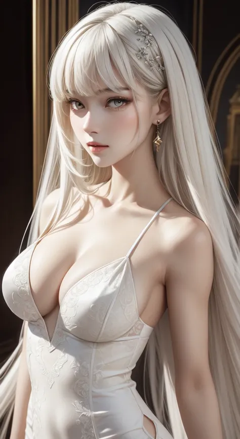 Realism, UHD, anatomically correct, textured skin, high details, best quality, black long hair, side swept bangs, pale skin, yellow color eyes, perfect body, perfect face, tall, slender, beautiful breasts, white china mini dress,