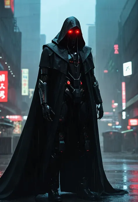 Robot, masculine, red led circular eyes, black cloak covering the entire body, black hood covering face, cyberpunk scenario, natta, rainy mood 