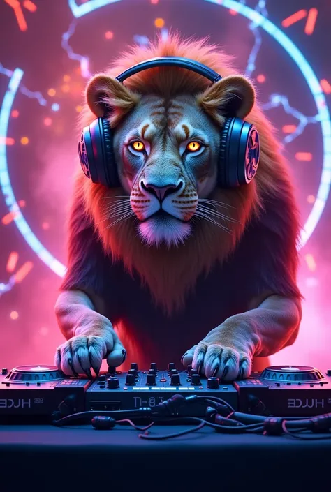 A lion DJ, with big headphones, echo with geometric figures.