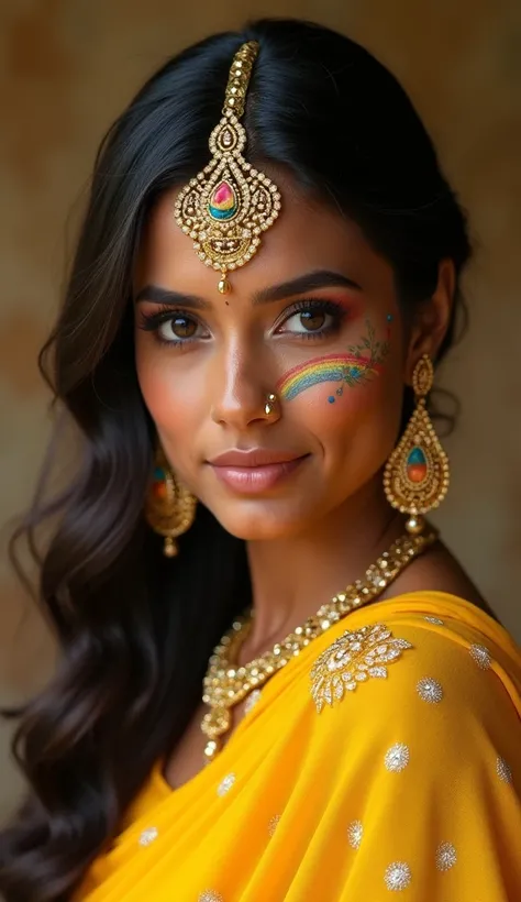 golden rainbow tattoos on face and little brown diamond jewelry tanned skin arab hairs style Arabian figure eternal lady face lips bite tease hyperealism photorealistic 7k best background wallpaper makeup model style hairs Indian makeup siren eyes wearing ...