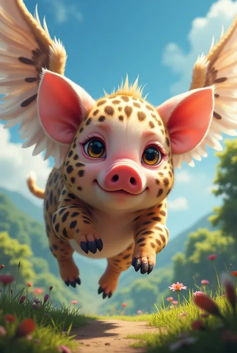 A pig with a leopard body and wings