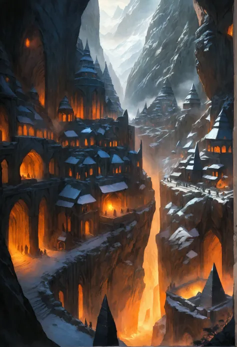 comic art ancient dwarven city, deep city, built into the mountain, massive forge, long corridors, epic Undermountain city