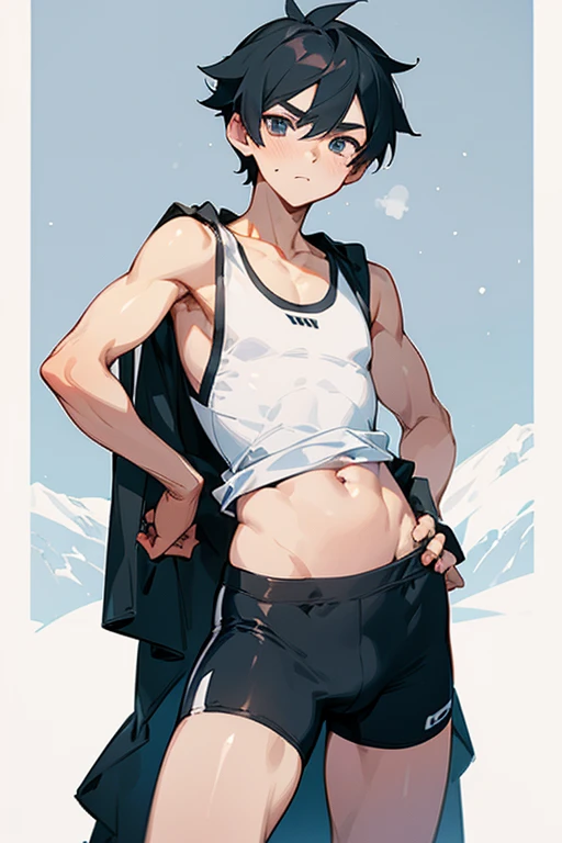 in the snowy mountains、Tight white racerback tank top、Tight black sports shorts、Elementary school boy、tall、Handsome、The belly button is visible、Empty-handed