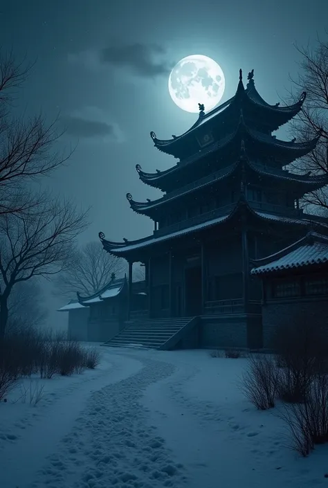 Ancient chinese temple，Night，fear，black,Adding details,Extremely high resolution,Panoramic lens(Wide-angle lens),Side view,blur background/Bokeh,snowflake,Dappled sunlight