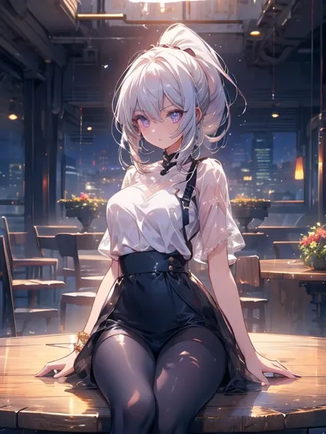 ((On the table)), Highest quality, Absurd, Very detailed, Holographic,, Dynamic pose, Golden Ratio, 超级cute女孩, Mature Girls, Very beautiful,，Has very beautiful purple eyes, Very beautiful white hair, Glowing Skin, ponytail, Well-balanced , slender and delic...