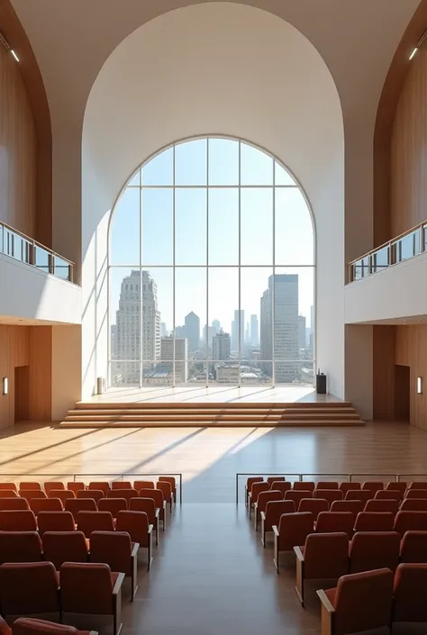 Interior perspective of a 100-seat auditorium with its modern stage and floor-to-ceiling windows 
