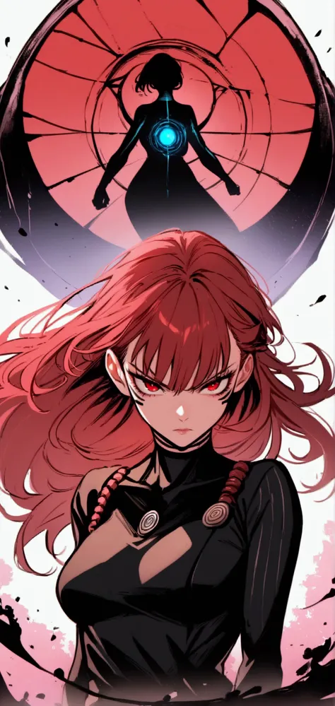 ((Masterpiece)), ((magig)),((ultra detail)), 1girl, ryoumen sukuna, red hair, Jujutsu kaisen, magic black circle, black magic, beautiful girl, blood splatter, medium long hair, red eyes, serious face, looking at viwers, school background, powerfull, magica...