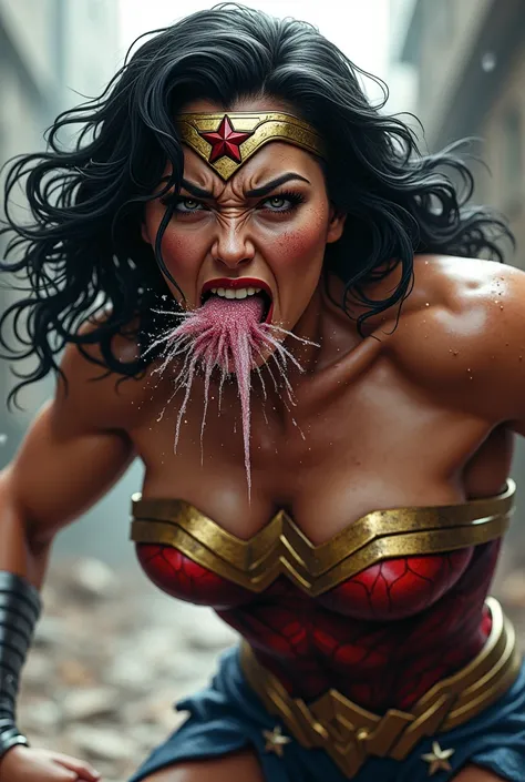 (sweaty)(muscular)A very sweaty Wonder Woman getting punched heavily in the gut and vomiting by a strong females fist. Shes double over and coughing and vomiting heavily, She spits out lot of visible saliva, water, sweat repeatedly. Lot and Lot of water, s...