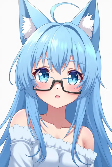 High resolution, light blue hair, fox ears, blue eyes, Plano americano, With glasses, shine, 