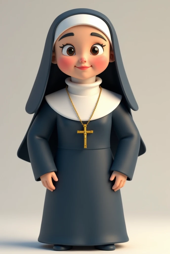 3D cartoon of a nun she has a white veil in her head and wearing long dark blue jumper and inside is white blouse and she has a crucifix necklace 