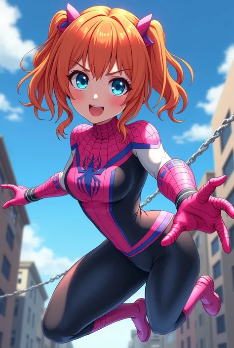 Yotsuba Nakano orange hair and blue eyes with white Spider Gwen suit, pink and black with pink gloves with blue embroidery and swinging