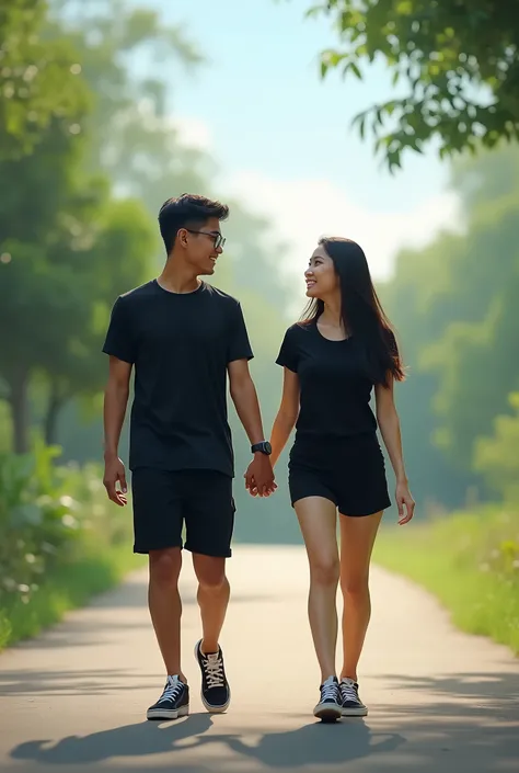 An Indonesian couple wearing a black shorts t-shirt holding hands while walking romantically wearing sneakers with a quiet road in the background is very romantic, pleasing to the eye, surrounded by beautiful natural scenery, a bright blue sky with minimal...