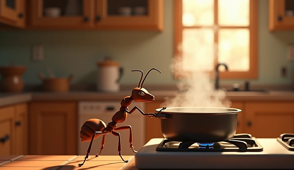 Generate 3d animated image of a ant smelling the milk sweet on stove in kitchen 