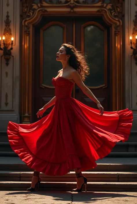 Image haute qualité HD, 16k, photo réaliste, photo noir et blanc, uniquement couleurs vêtements rouge qui ressort. 1 femme, Anna de Armas, incroyablement belle, corps entier avec une taille fine, Énorme , danseuse cancan en pleine action avec une jambe lev...