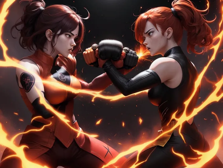 Two martial artists in a dramatic battle pose, surrounded by dynamic energy effects. The first fighter has short brown hair, wearing a black outfit with a glowing sun emblem, and is channeling fiery energy through his fists. The second fighter has red hair...