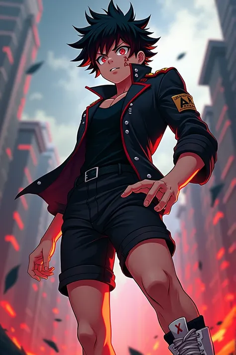 Create a character with Boku no hero academia style, masculine, with black hair and some red streaks, a penetrating look, Red eyes, an X-shaped mark, a brown fitted military jacket, with a tight black shirt, a sports shorts, some long black socks and some ...