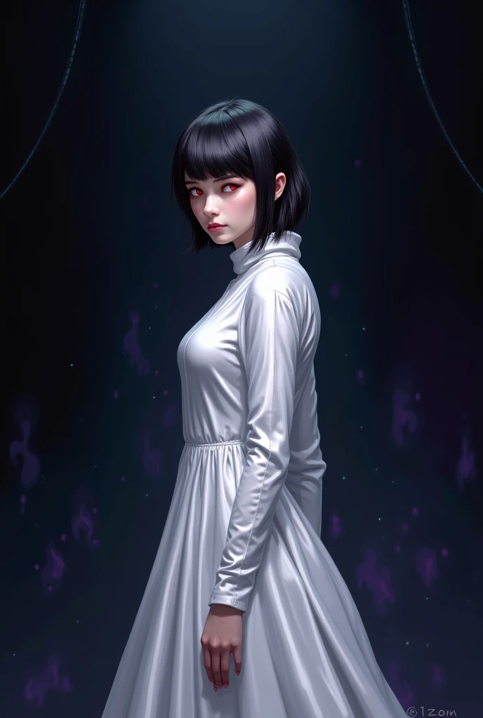 The image is a digital illustration of a young woman with shoulder-length dark hair and red eyes. She is wearing a futuristic-looking outfit with a long, flowing white dress that covers her body. The dress has a high neckline and long sleeves, and the dres...