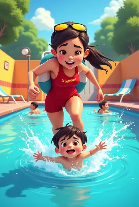 A lifeguard saw kid drowning in the middle of the pool
. "Cartoon"
