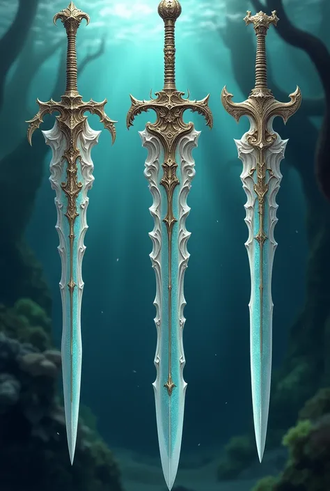 Create various seashell-based sword designs in concept art style