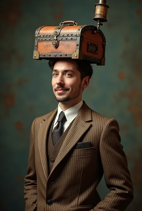 A man wearing a vintage treasure box on his head and match with the brown pinstripe blazer suit 