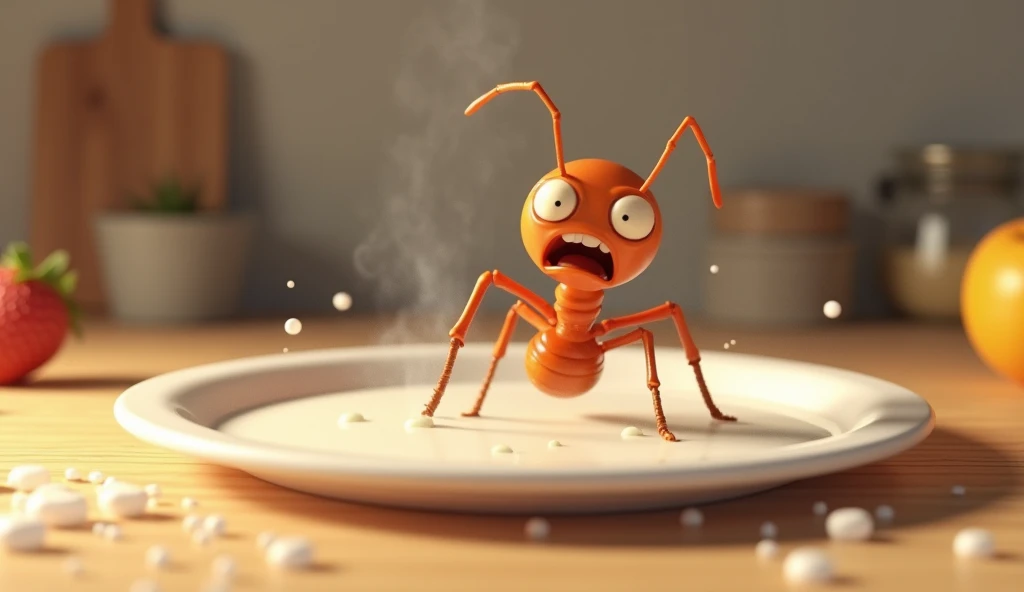 Generate 3d animated image of a ant fell into the hot milk sweet in dish and asking for help with pain