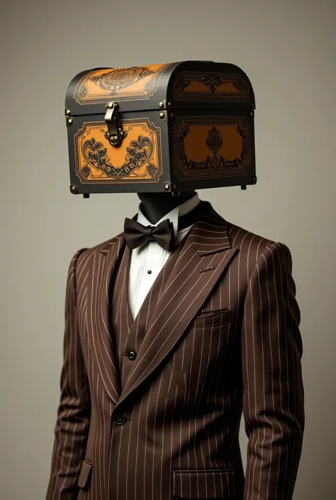 A man with vintage treasure box head and match with the brown pinstripe blazer suit 