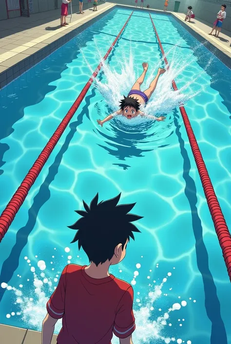 The Boy lifeguard saw a kid drowning in the middle of the pool
. "Anime"
