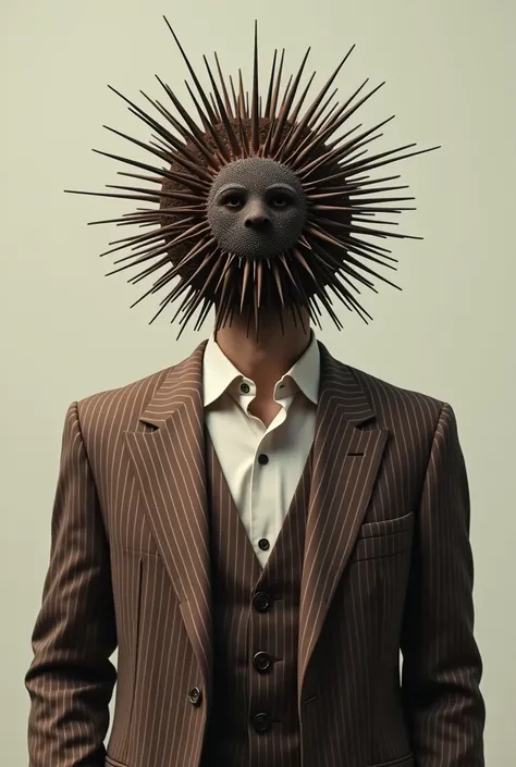 A man with sea urchin head and match with the brown pinstripe blazer suit 