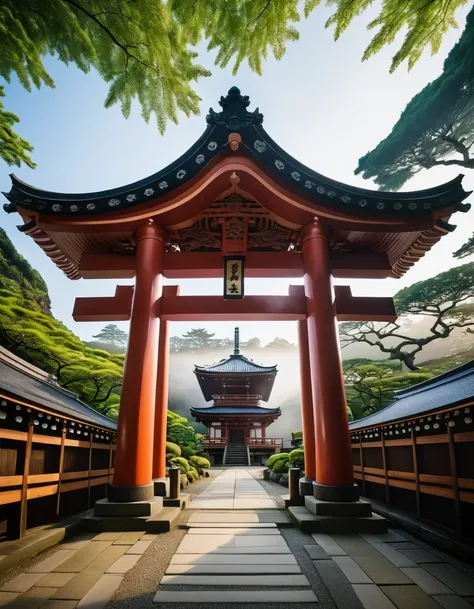 a serene temple complex in ancient japan's feudal era, surrounded by lush greenery and wispy mist. a grand torii gate stands pro...