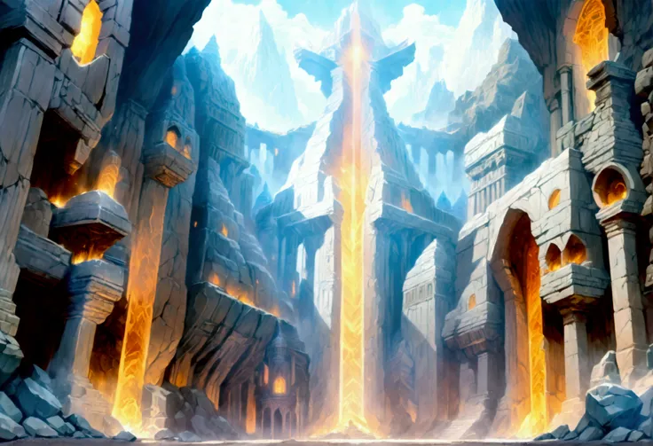 comic art ancient dwarven city, deep city, built into the mountain, massive forge, long corridors, epic Undermountain city