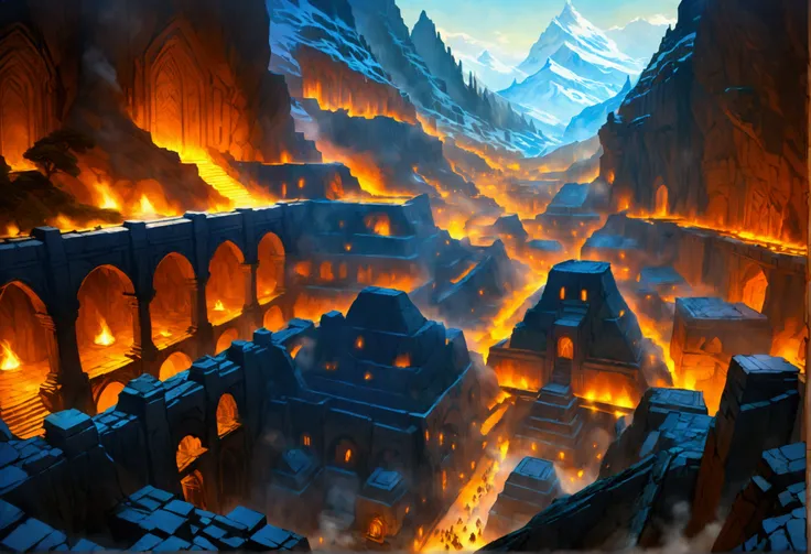 comic art ancient dwarven city, deep city, built into the mountain, massive forge, long corridors, epic Undermountain city