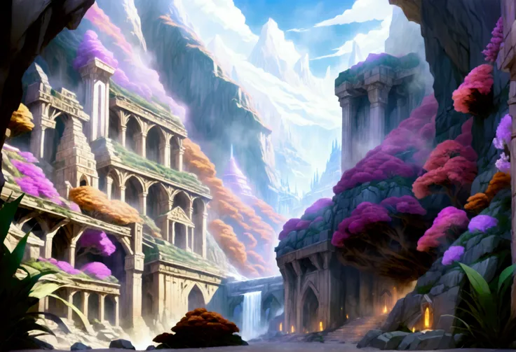 comic art ancient dwarven city, deep city, built into the mountain, massive forge, long corridors, epic Undermountain city