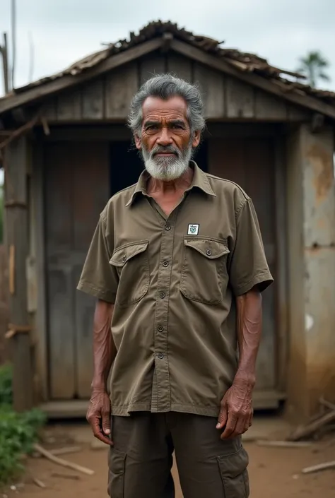 Photo of an Indonesian adult man in front of a poor person&#39;s house 
