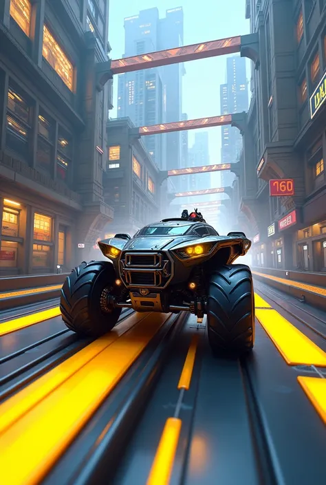  featuring an armored vehicle navigating a colorful, elevated obstacle course above a cityscape. The course is composed of platforms in bright yellow, blue, and black. The game interface shows the player. Create a 1920x1080 thumbnail 