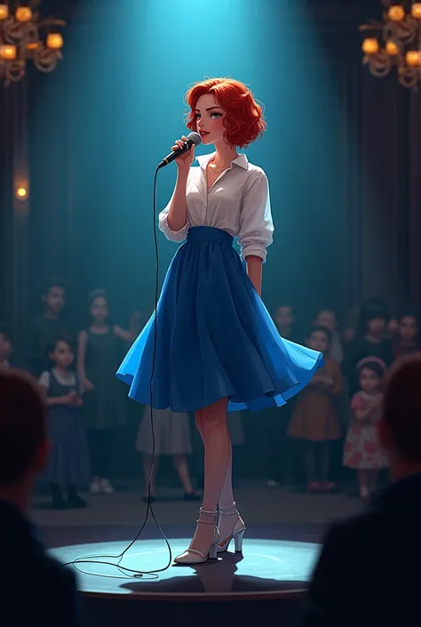 A singer, black. with short red hair, pretty , soul music style, wearing a blue flared skirt with a modern chic white blouse. On stage singing to the audience