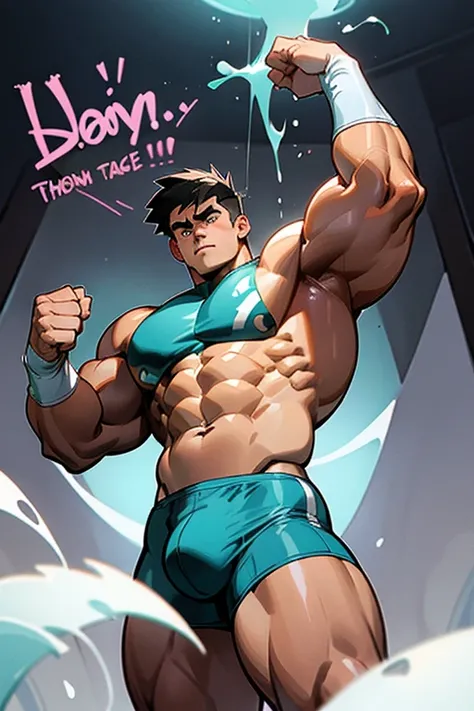 Danny Fenton from Danny Phantom animated tv series as a big dumb mindless teenage muscular bodybuilder jock in a locker room flexing and staring vapidly with mindless stare and mouth gaping open as his eyes glow under hypnosis saying, "Cant ... I cant ... ...