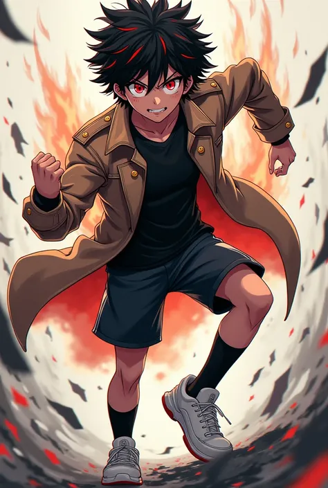 Create a pubescent Boku no hero academia style character, high, masculine, with black hair and several scattered strands of red hair, Red eyes, a penetrating look would be, a fang mark under his left lip, with a thin brown military-style jacket, a tight bl...