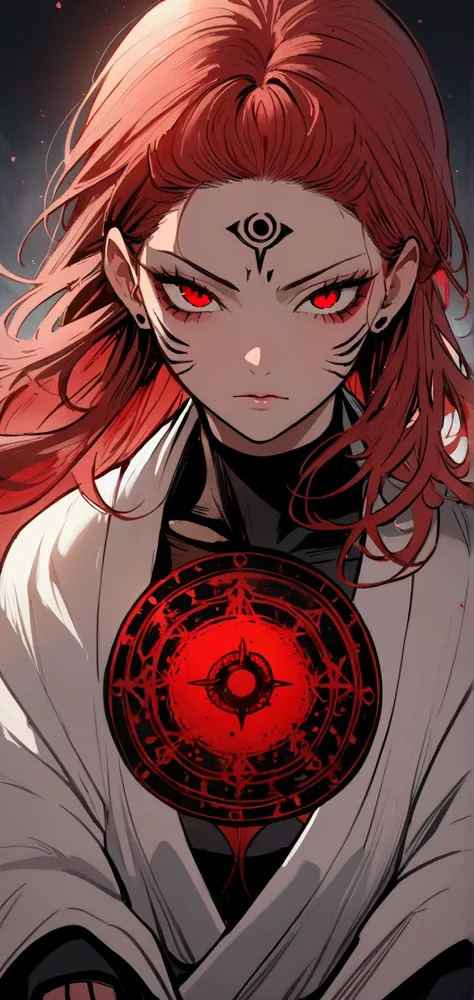 ((Masterpiece)), ((magig)),((ultra detail)), 1girl, ryoumen sukuna, red hair, Jujutsu kaisen, magic black circle, black magic, beautiful girl, blood splatter, medium long hair, red eyes, serious face, looking at viwers, school background, powerfull, magica...