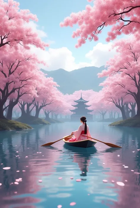 A serene landscape depicting a tranquil lake surrounded by cherry blossom trees in full bloom. The pink petals gently fall onto the surface of the water, creating a soft, dreamlike scene. A traditional Japanese pagoda stands on the lake’s edge, and a woman...