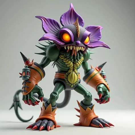 3D rendering, a toy, action figure, Character inspired by an exotic plant with a flower with dark purple that covers its shiny orange eyes a mouth in the shape of a plant that covers its eyes a lantern on its head a spike on its left arm legs agenda decora...