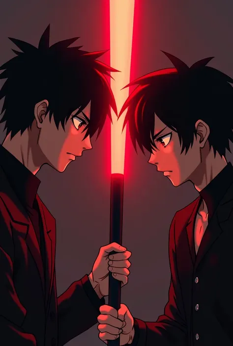 2 man anime, black hair, holding red glowing baseball bat