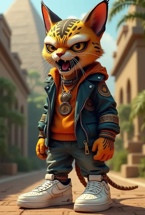 Angry Aztec Cat , with fashionable clothes and white air force tennis shoes 
